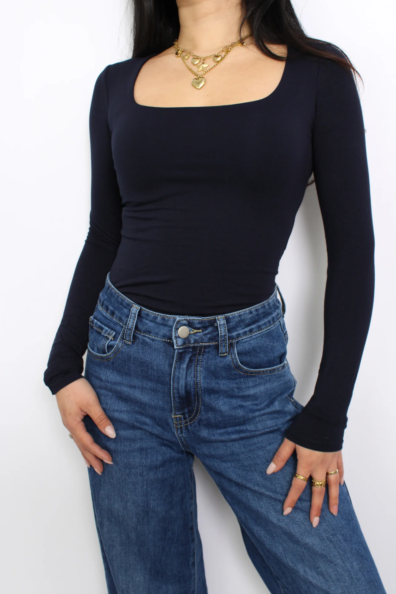 SQUARE LONG SLEEVE TOP - NAVY - Image 3