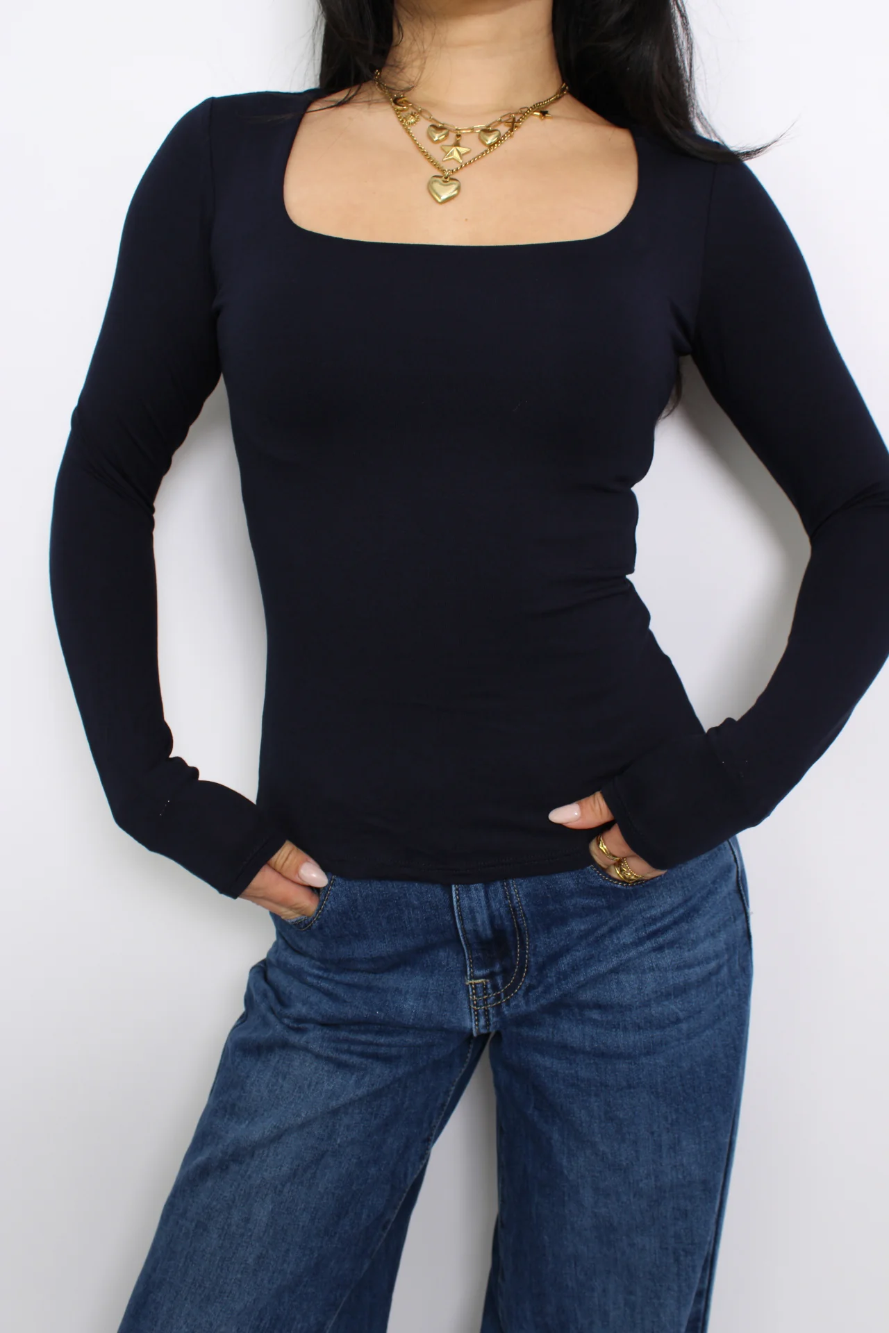 SQUARE LONG SLEEVE TOP - NAVY - Image 5