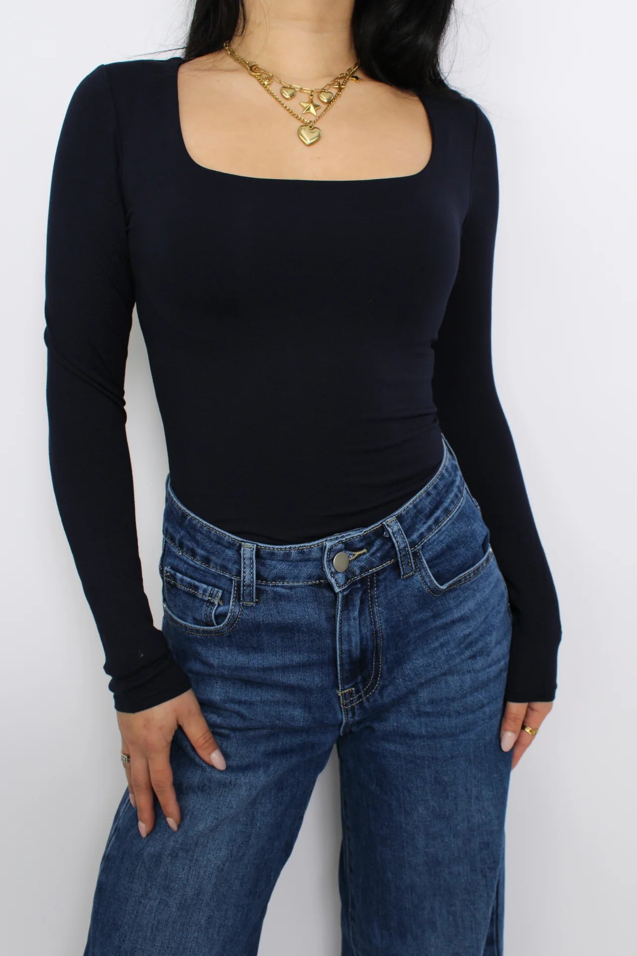 SQUARE LONG SLEEVE TOP - NAVY - Image 6