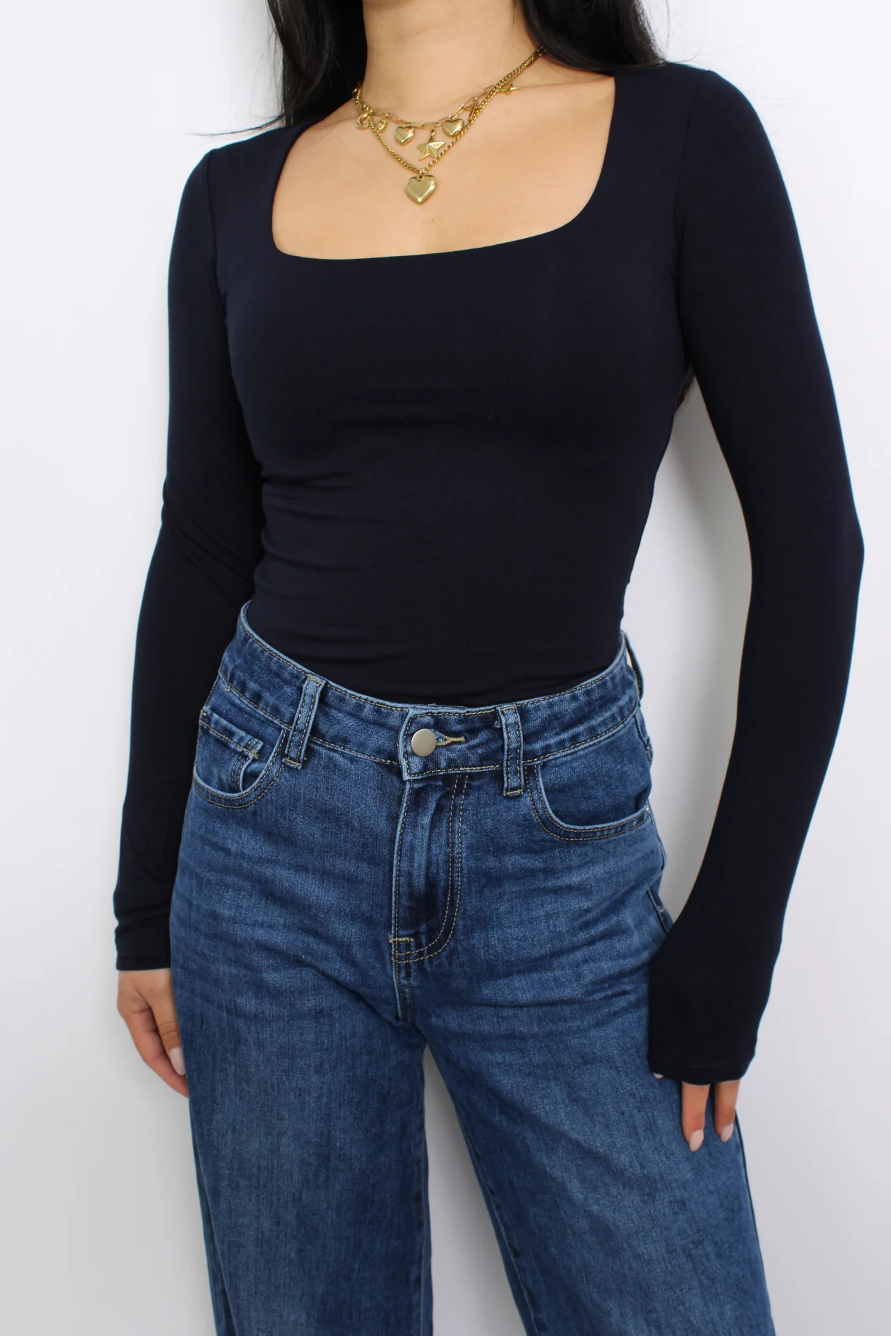 SQUARE LONG SLEEVE TOP - NAVY - Image 7
