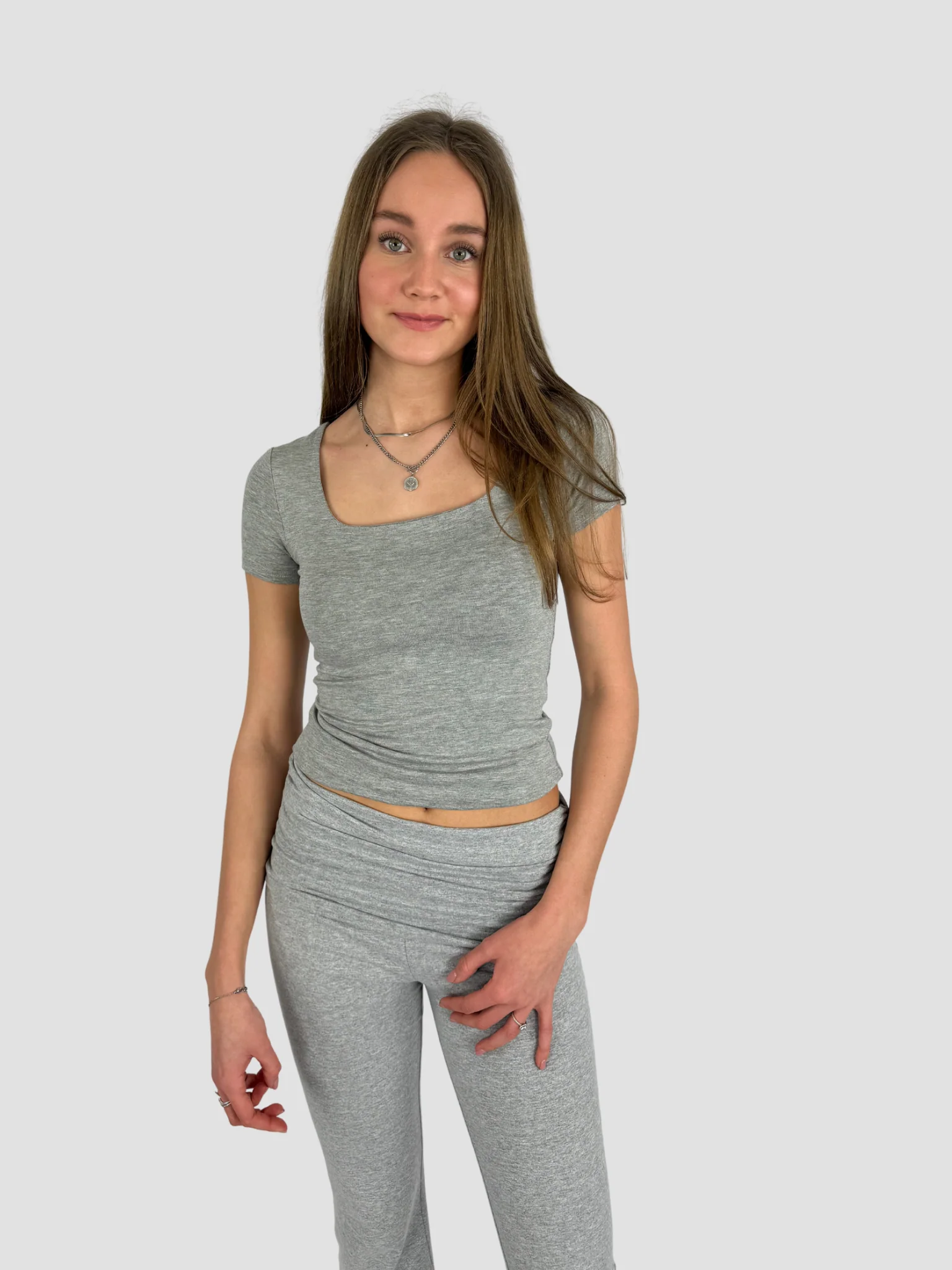 SQUARE SHORT SLEEVE TOP - GREY MARL - Image 3