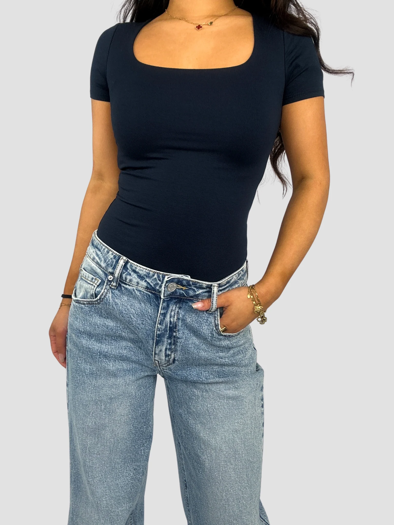 SQUARE SHORT SLEEVE TOP - NAVY - Image 5